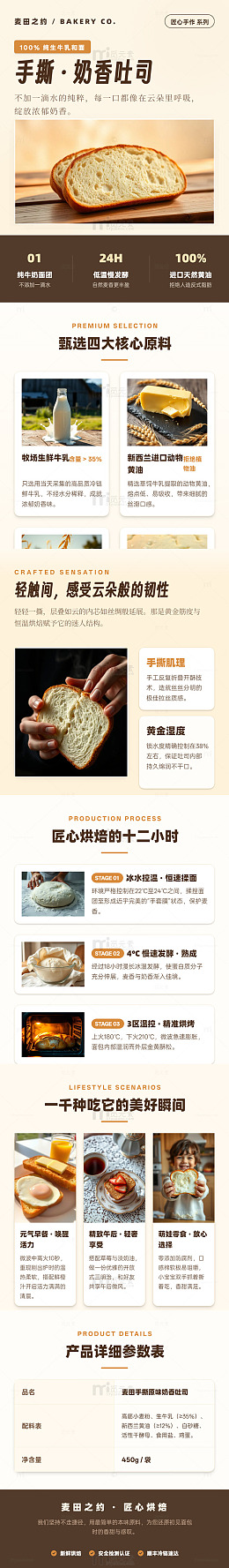 极简风手撕奶香吐司烘焙宣传长图详情页
