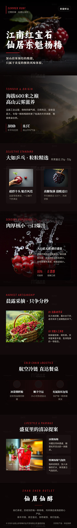 暗黑风江南红宝石杨梅宣传海报长图详情页