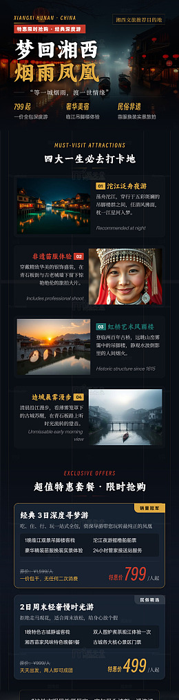 国风手绘湘西凤凰古城旅游宣传海报长图