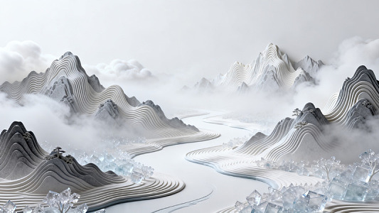 抽象风山水云雾河流3D设计素材