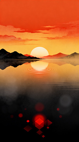 插画风日落湖景山影设计素材