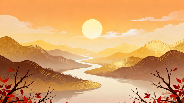 国风山水秋日黄昏插画设计素材