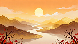 国风山水秋日黄昏插画设计素材
