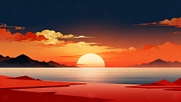 扁平风日落湖景插画设计素材