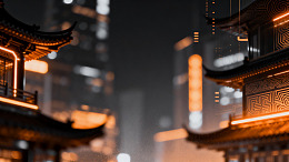 赛博朋克风古建筑夜景设计素材