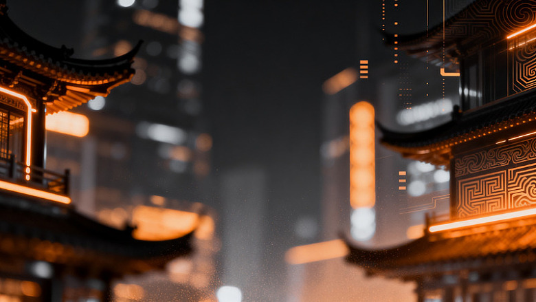 赛博朋克风古建筑夜景设计素材
