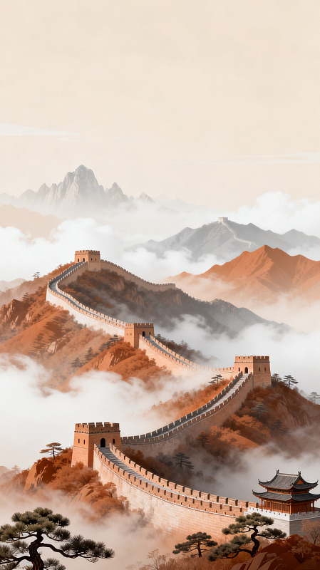 国风水墨长城山水插画设计素材