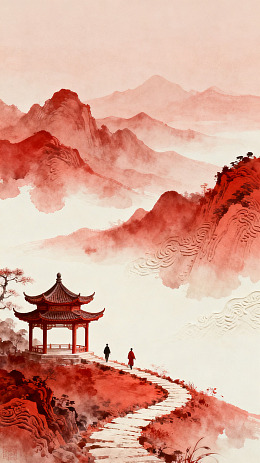 国风山水亭台人物插画素材