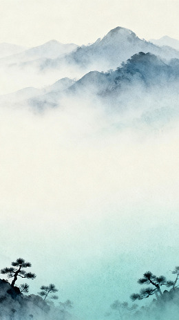 水墨风山水云雾松树插画素材