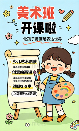 卡通风美术班寒暑假兴趣班开课宣传招生海报
