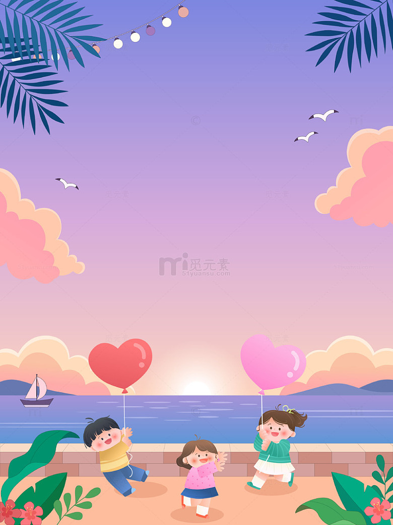 夏天傍晚晚霞海边散步玩耍儿童边框插画
