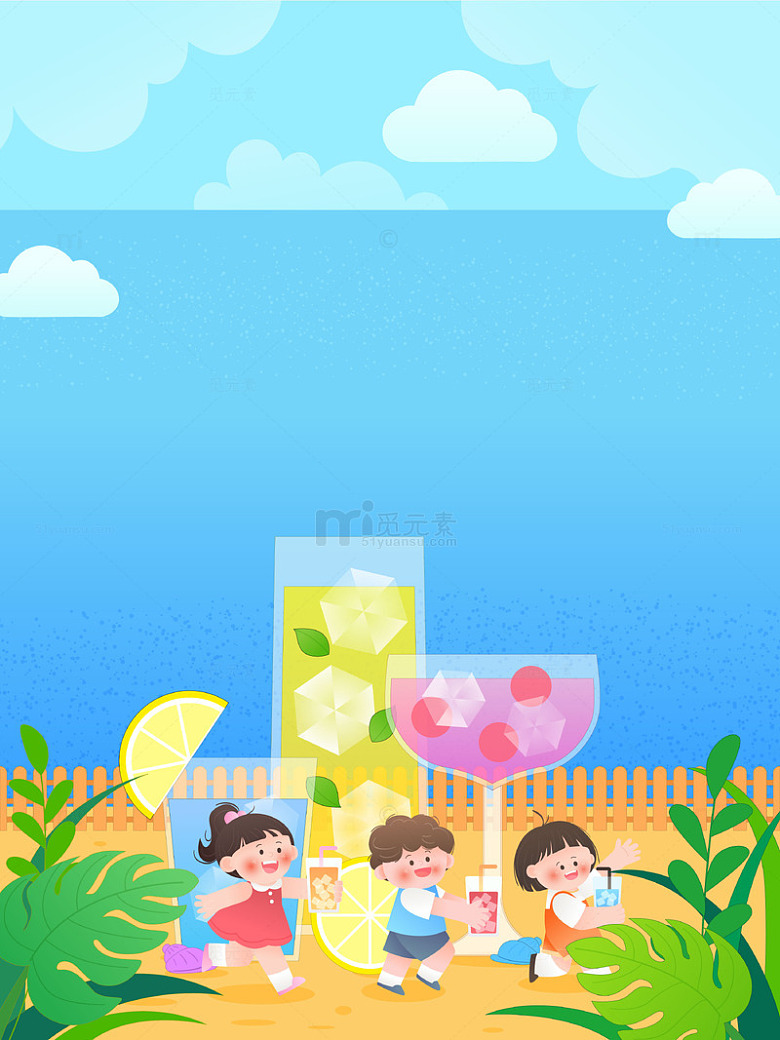海边度假柠檬果汁饮料儿童边框插画