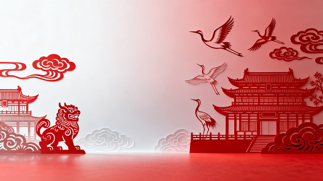 剪纸风中国风建筑仙鹤设计素材