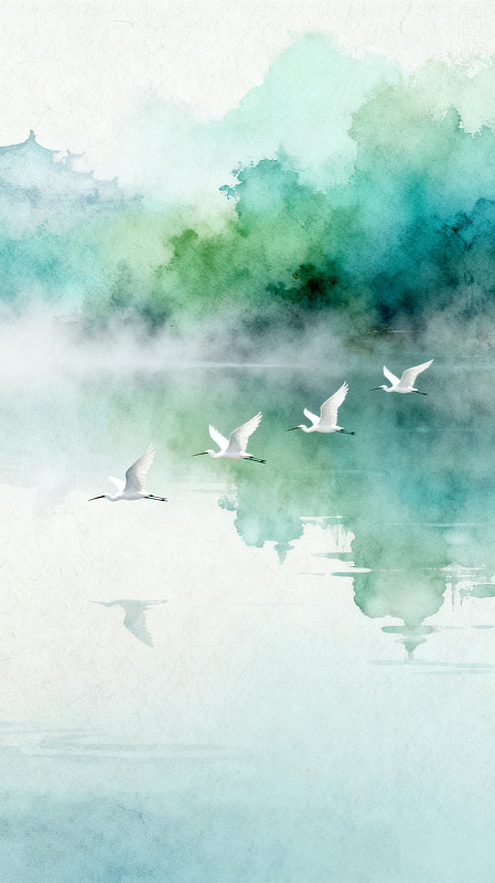水墨风白鹭飞舞湖景插画素材