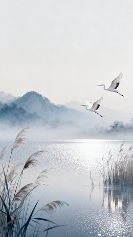 水墨风白鹭飞湖景插画设计素材
