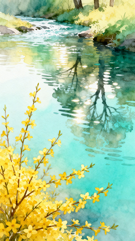 水彩风溪流黄花手绘自然风景设计素材