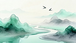水墨风山水河流飞鸟插画设计素材