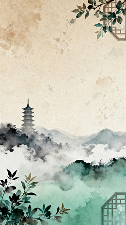 水墨风山水塔楼古风插画设计素材