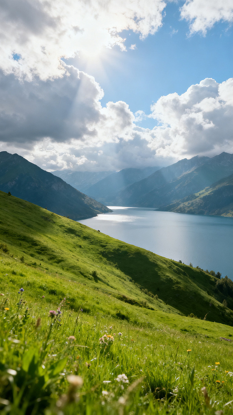 写实风高山湖畔草地风景素材