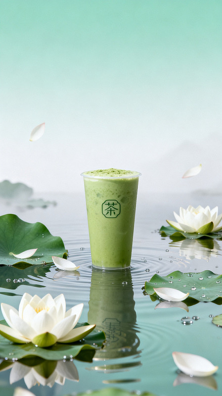 清新风抹茶饮品静谧池塘设计素材
