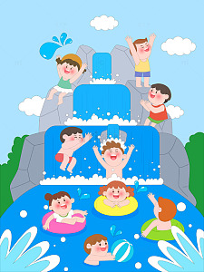 游泳圈漂流瀑布水上活动清凉度假儿童插画