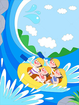 橡皮艇海洋漂流户外度假冒险儿童插画