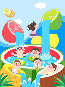 水果派对西瓜柠檬菠萝椰子儿童聚会插画