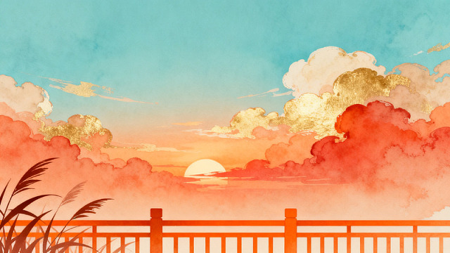 水彩风日落云霞栏杆风景插画素材
