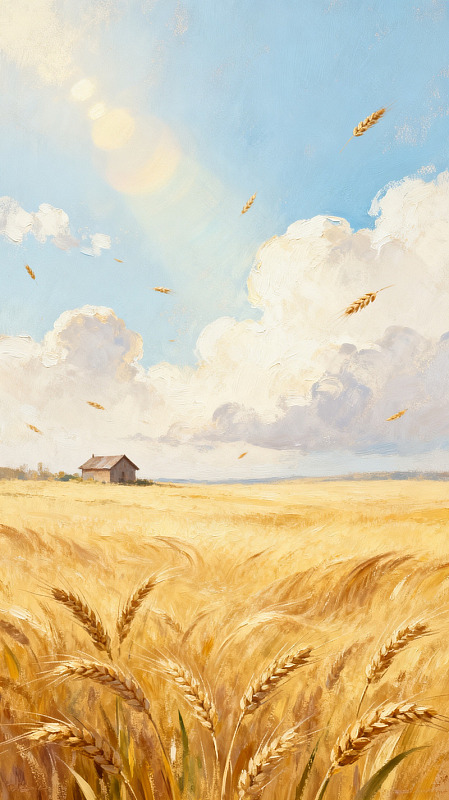 油画风金色麦田小屋风景插画素材