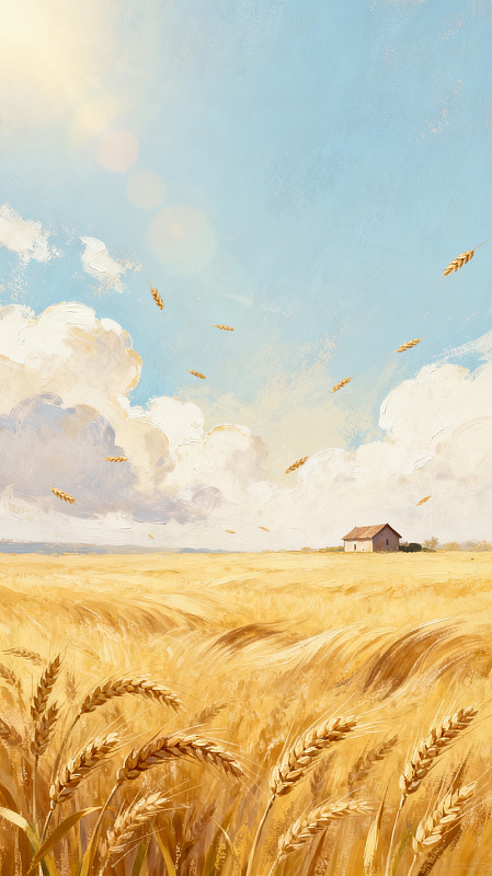 油画风金色麦田小屋插画设计素材