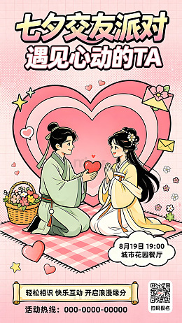 复古漫画Q版古风七夕插画交友派对宣传海报