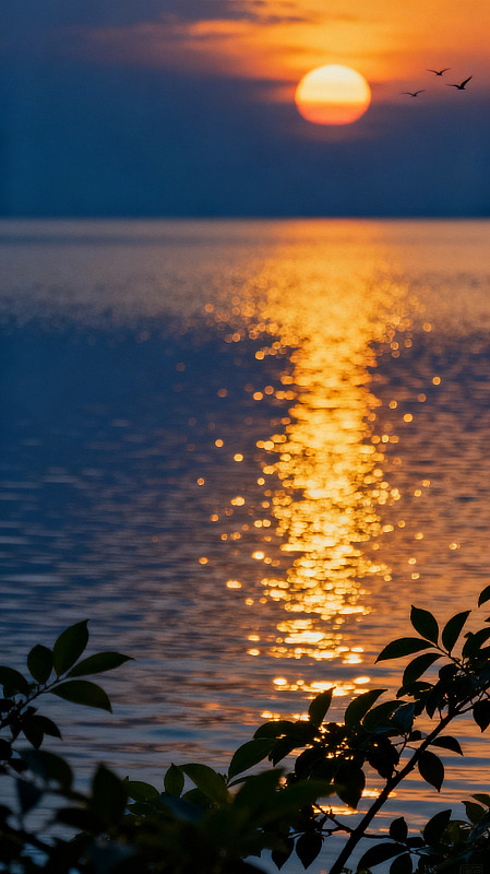 风日落湖面剪影自然风景素材