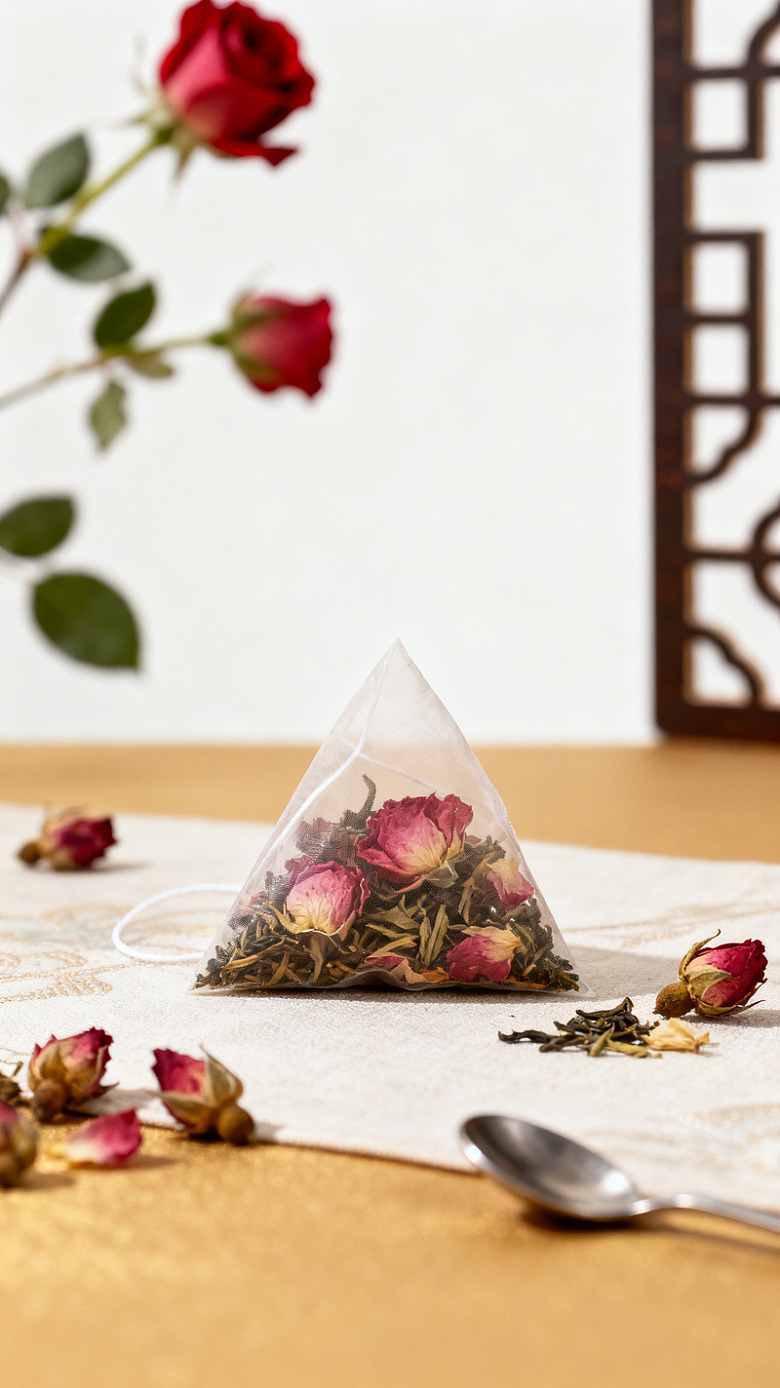 极简风玫瑰花茶三角茶包设计素材