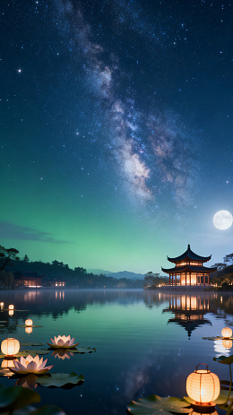 国风夜景湖畔亭台星空设计素材