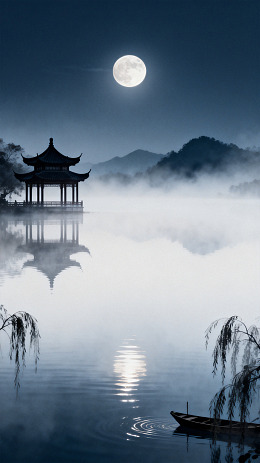 水墨风月下亭台湖景设计素材
