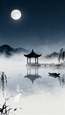 水墨风月下亭台湖景设计素材
