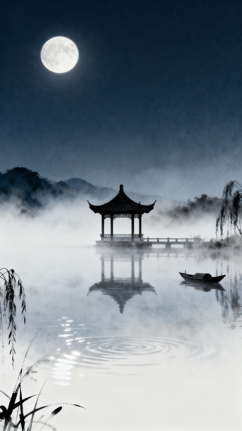 水墨风月下亭台湖景设计素材