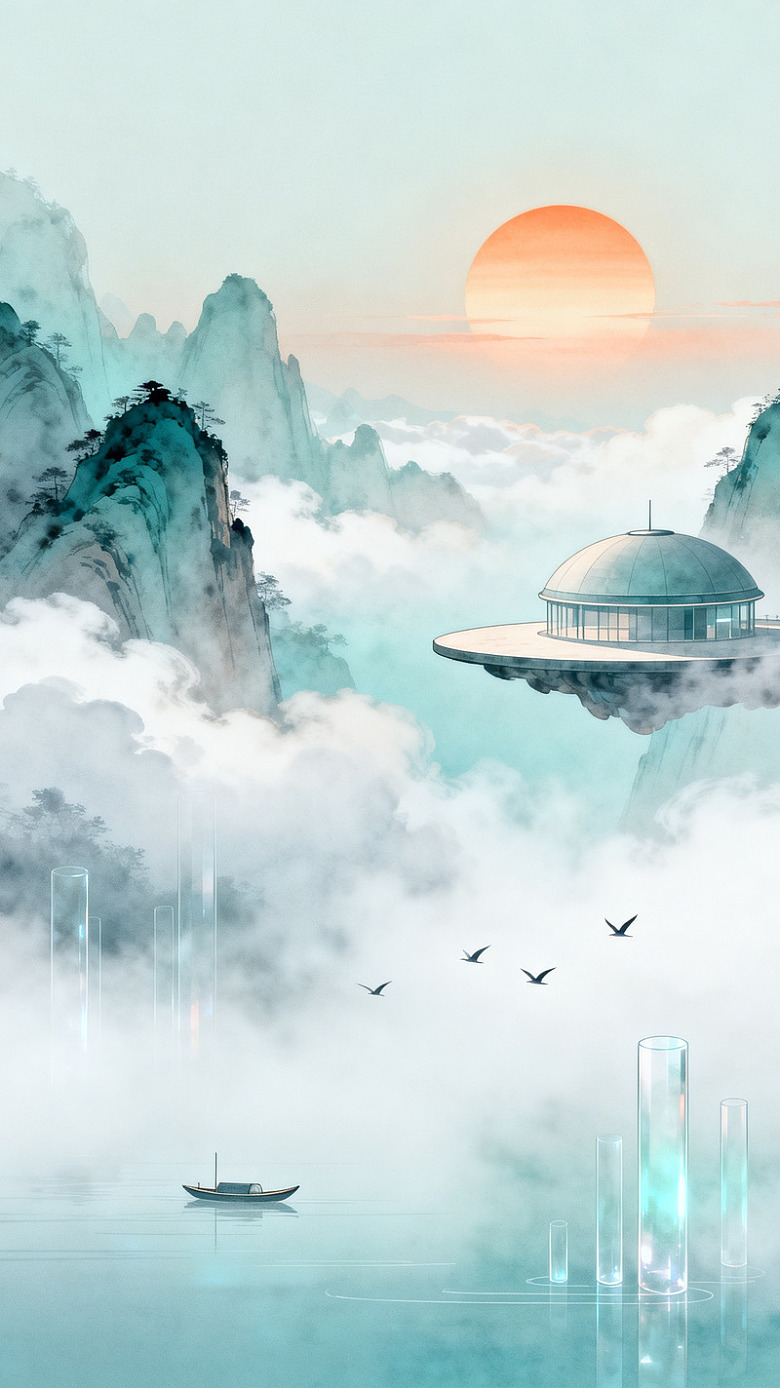 国风科幻山水云海飞屋插画素材