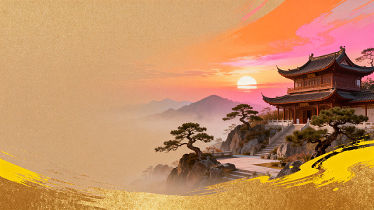 国风山水日落古建筑插画设计素材