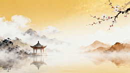 水墨风山水亭台梅花插画设计素材