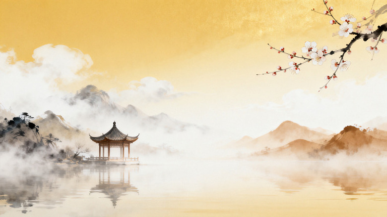 水墨风山水亭台梅花插画设计素材