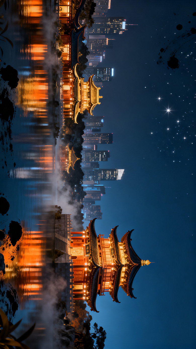 夜景风古建筑城市倒影设计素材