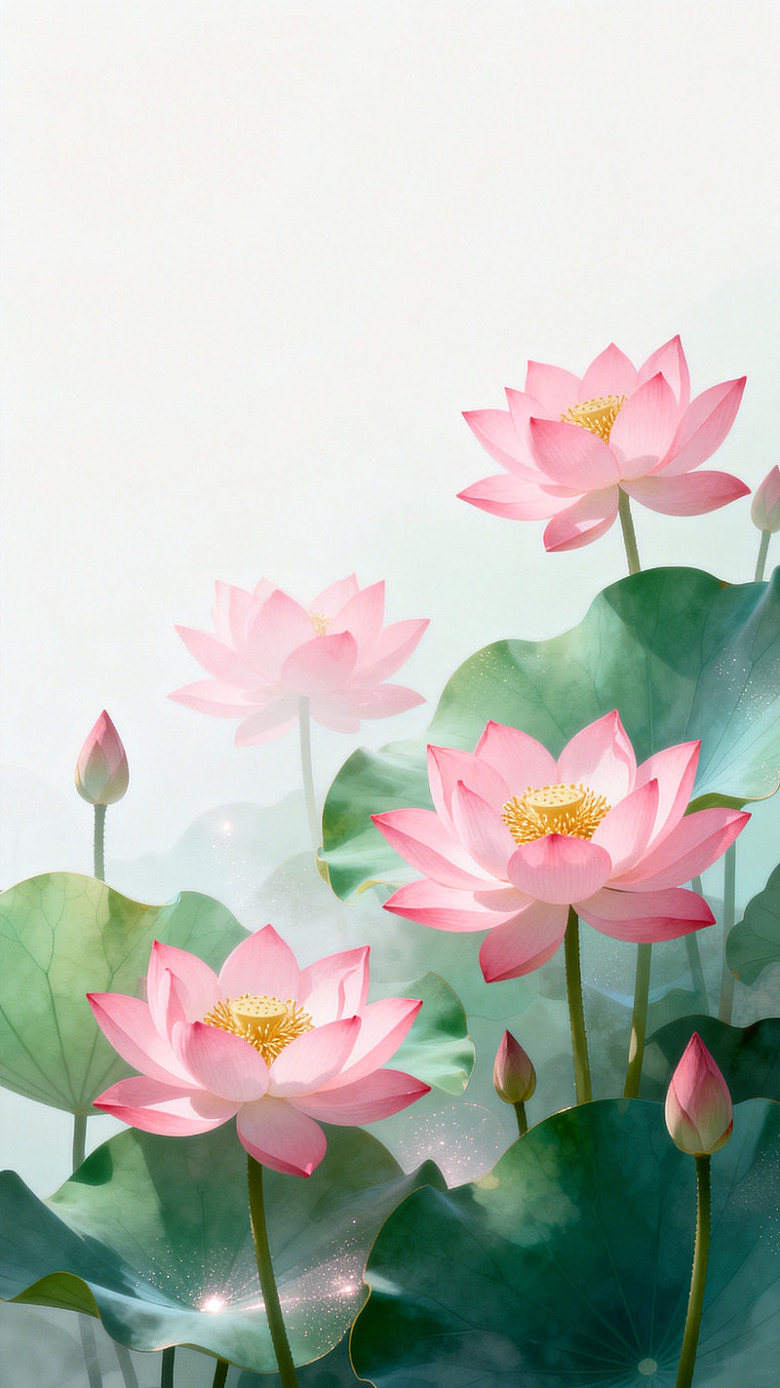 国风插画荷花池塘唯美设计素材