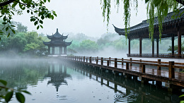 水墨风江南雨景亭台长廊设计素材
