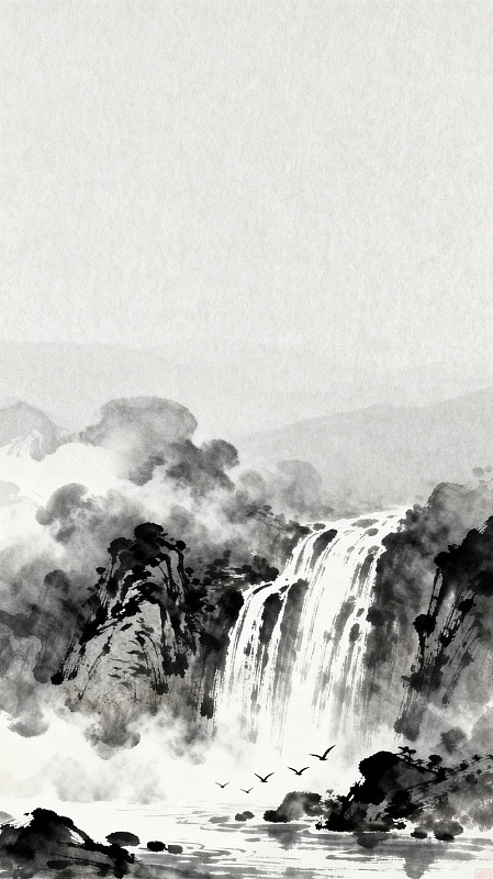 水墨风山水瀑布手绘设计素材