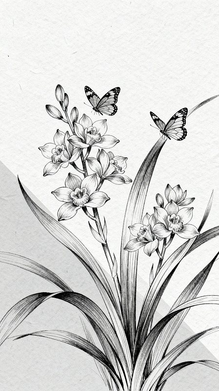黑白素描兰花蝴蝶植物插画设计素材
