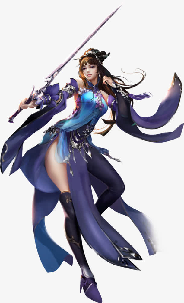 手绘蓝装舞剑女子