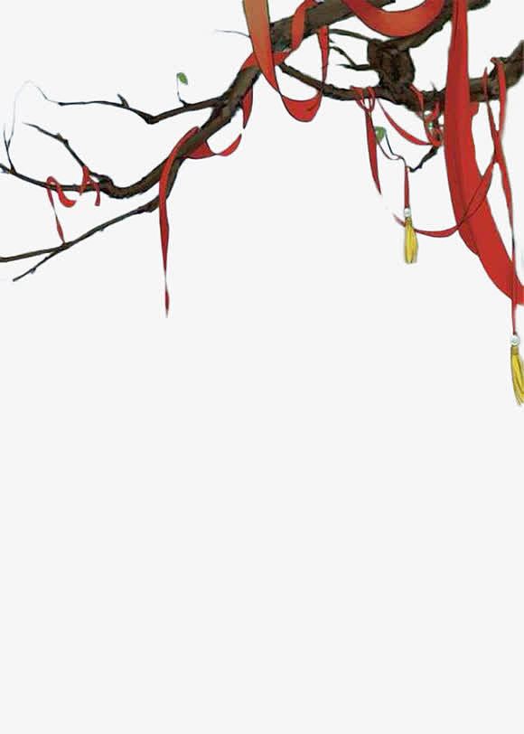 红色丝带挂在桃花树枝上