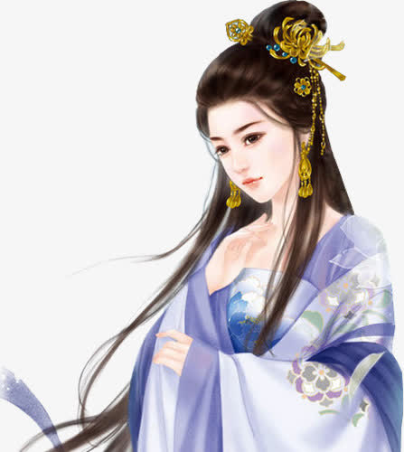 手绘古风蓝衣金头饰女子