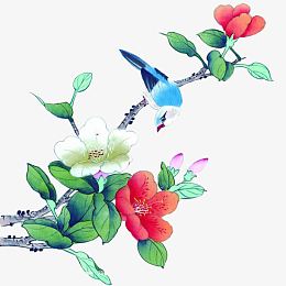 白花红花蓝鸟水墨画
